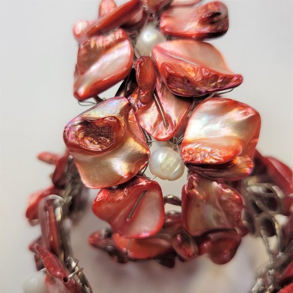 Wine Red Shell White Pearls Adjustable Cuff Bracelet Bangle - NEW - Picture 3 of 16